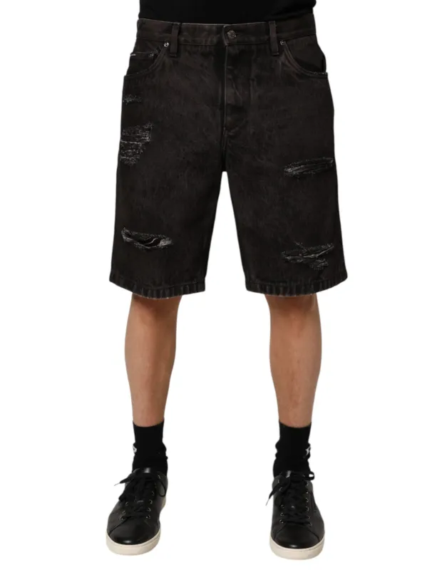 Dolce & Gabbana Black Cotton Tattered Denim Men Bermuda Short sold by Siebentaschen