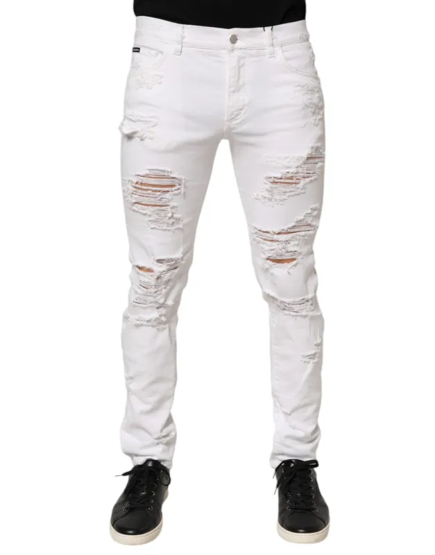 Dolce & Gabbana White Distressed Ripped Denim Trouser Jeans made by Siebentaschen