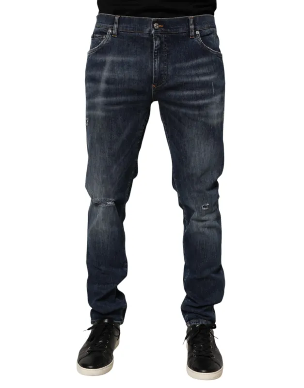 Dolce & Gabbana Dark Blue Washed Running Ripped Denim Jeans sold by Siebentaschen