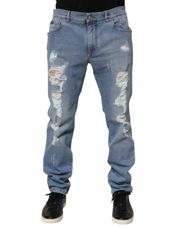 Dolce & Gabbana Blue Tattered Slim Fit Cotton Denim Jeans made by Siebentaschen