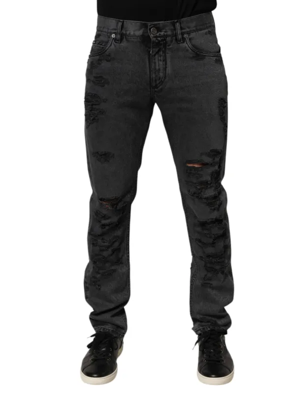 Dolce & Gabbana Black Tattered Skinny Cotton Men Denim Jeans made by Siebentaschen
