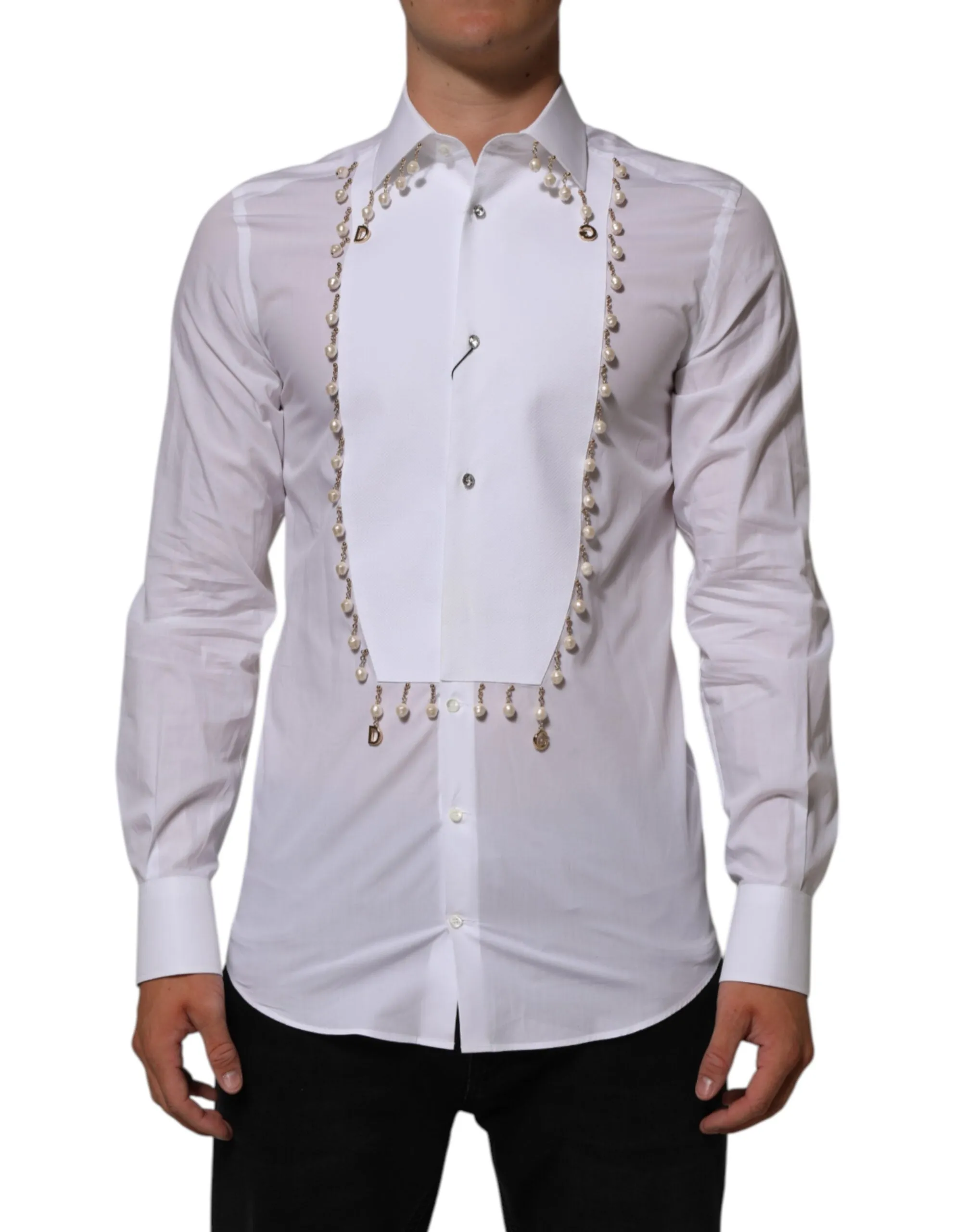 Dolce & Gabbana White Cotton DG Logo Pearl GOLD Formal Shirt sold by Siebentaschen