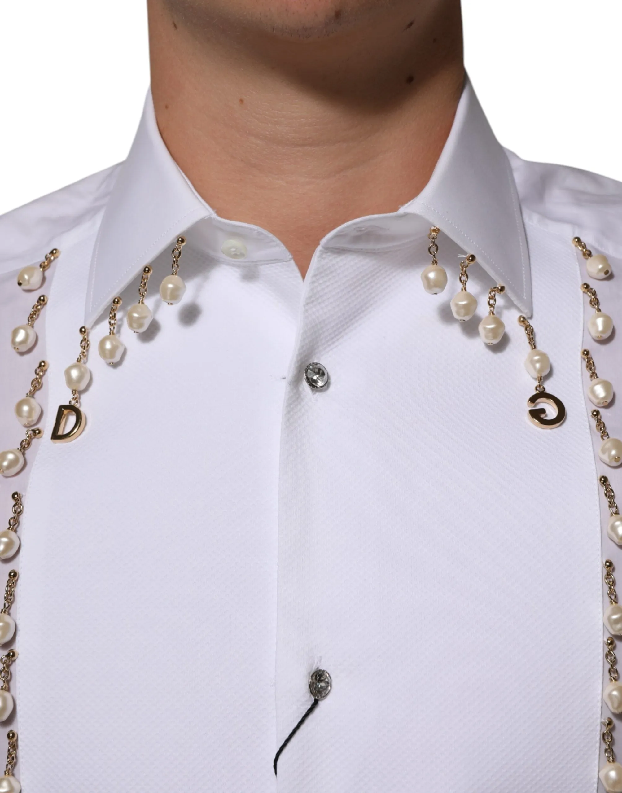 Dolce & Gabbana White Cotton DG Logo Pearl GOLD Formal Shirt sold by Siebentaschen product image thumbnail 5