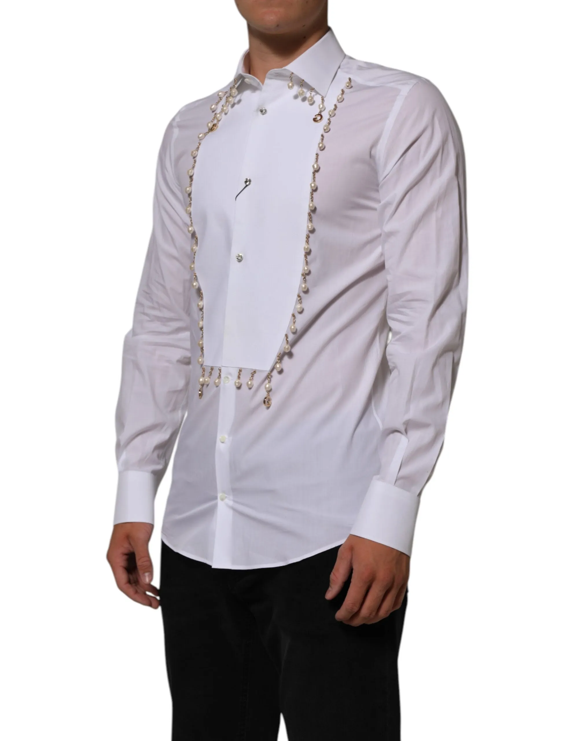 Dolce & Gabbana White Cotton DG Logo Pearl GOLD Formal Shirt sold by Siebentaschen product image thumbnail 3