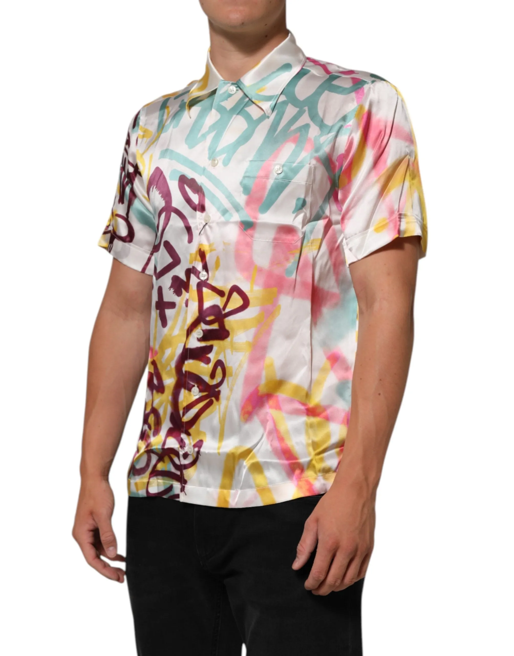 Dolce & Gabbana White Silk Hawaiian Graffiti Print Men Casual Shirt sold by Siebentaschen product image thumbnail 3