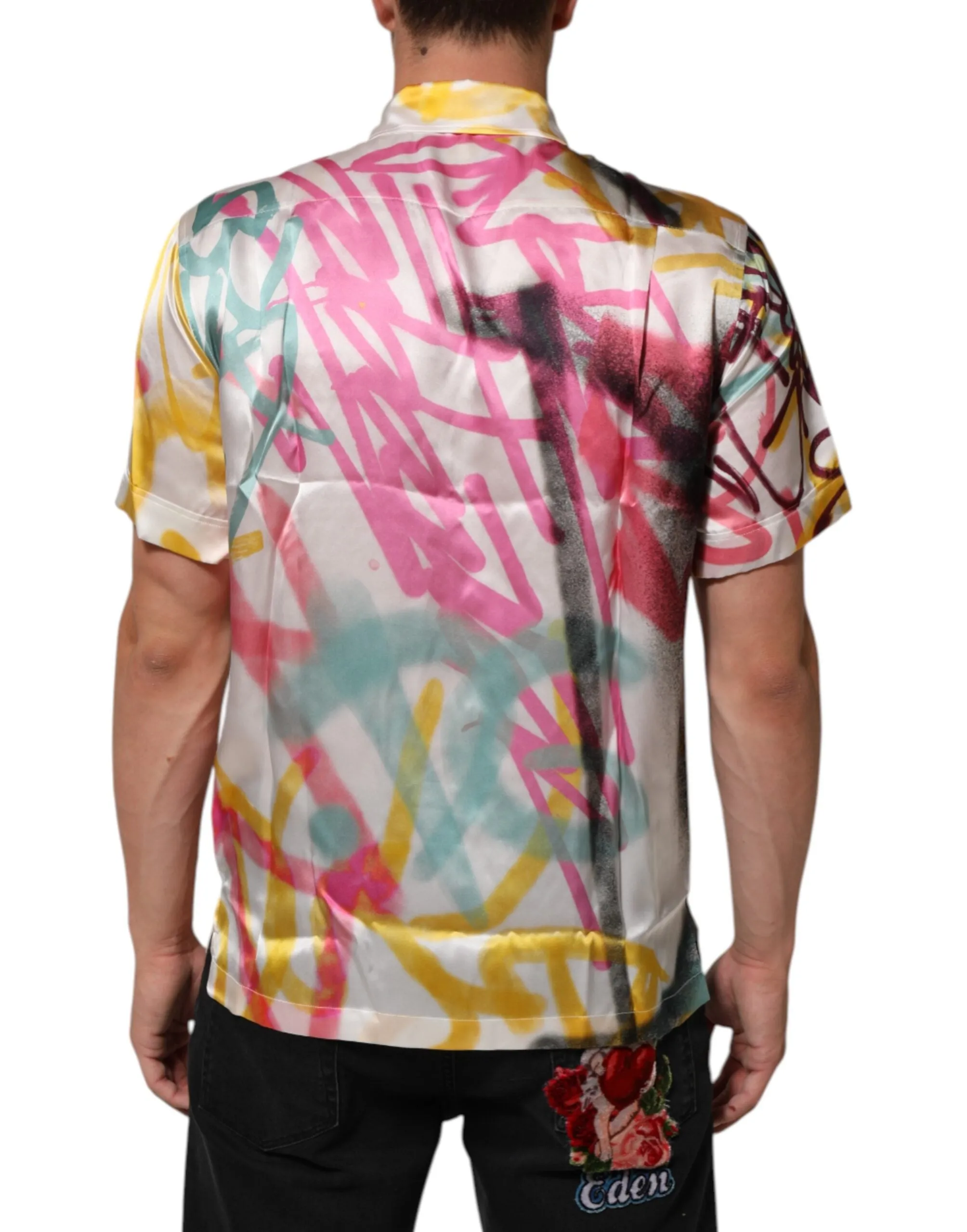 Dolce & Gabbana White Silk Hawaiian Graffiti Print Men Casual Shirt sold by Siebentaschen product image thumbnail 4