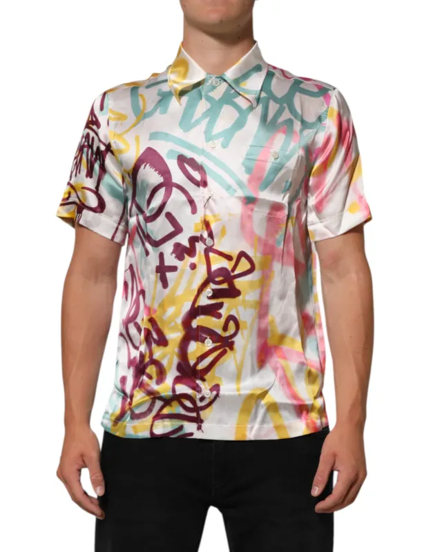 Dolce & Gabbana White Silk Hawaiian Graffiti Print Men Casual Shirt sold by Siebentaschen