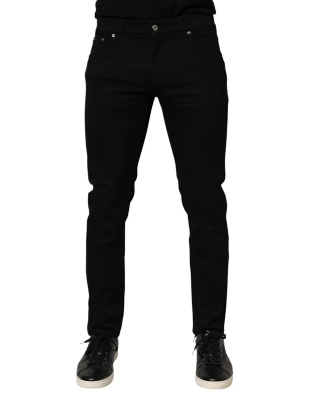 Dolce & Gabbana Black Cotton Blend Skinny Men Trouser Pants sold by Siebentaschen
