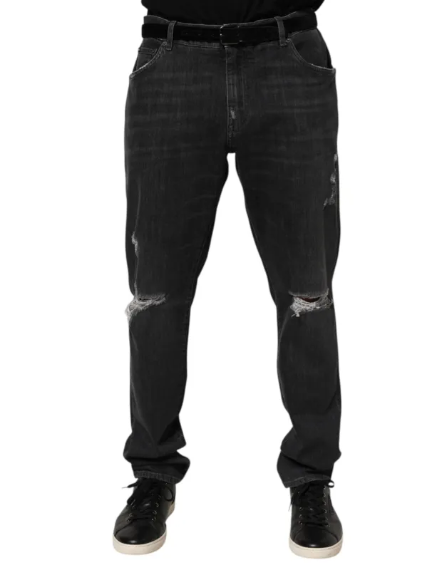 Dolce & Gabbana Black Cotton Slim Fit Distressed Ripped Logo Jeans sold by Siebentaschen