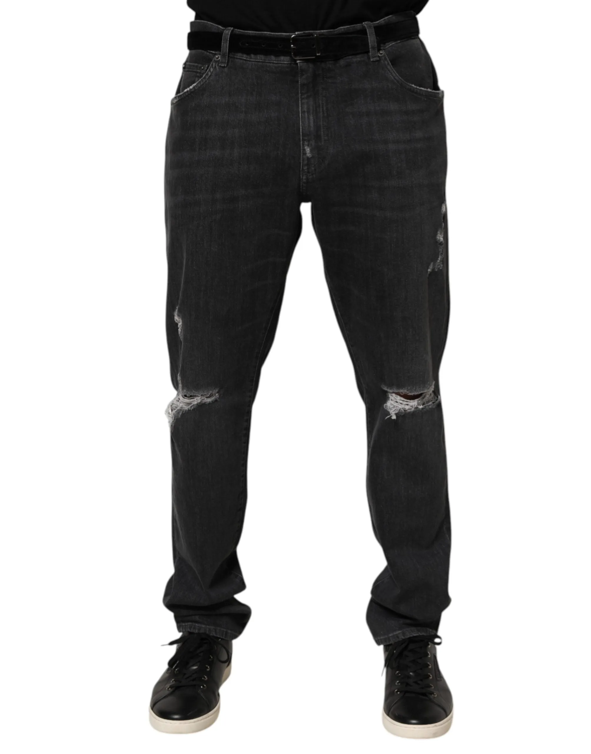 Dolce & Gabbana Black Cotton Slim Fit Distressed Ripped Logo Jeans sold by Siebentaschen