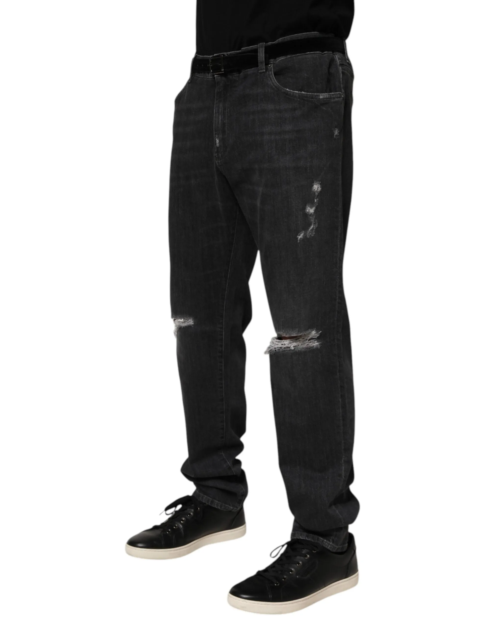Dolce & Gabbana Black Cotton Slim Fit Distressed Ripped Logo Jeans sold by Siebentaschen product image thumbnail 3