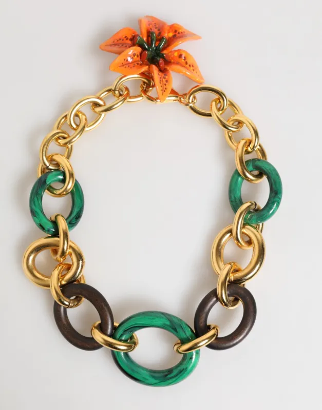 Dolce & Gabbana Multicolor Gold Brass Tiger Lily Floral Chai Necklace sold by Siebentaschen