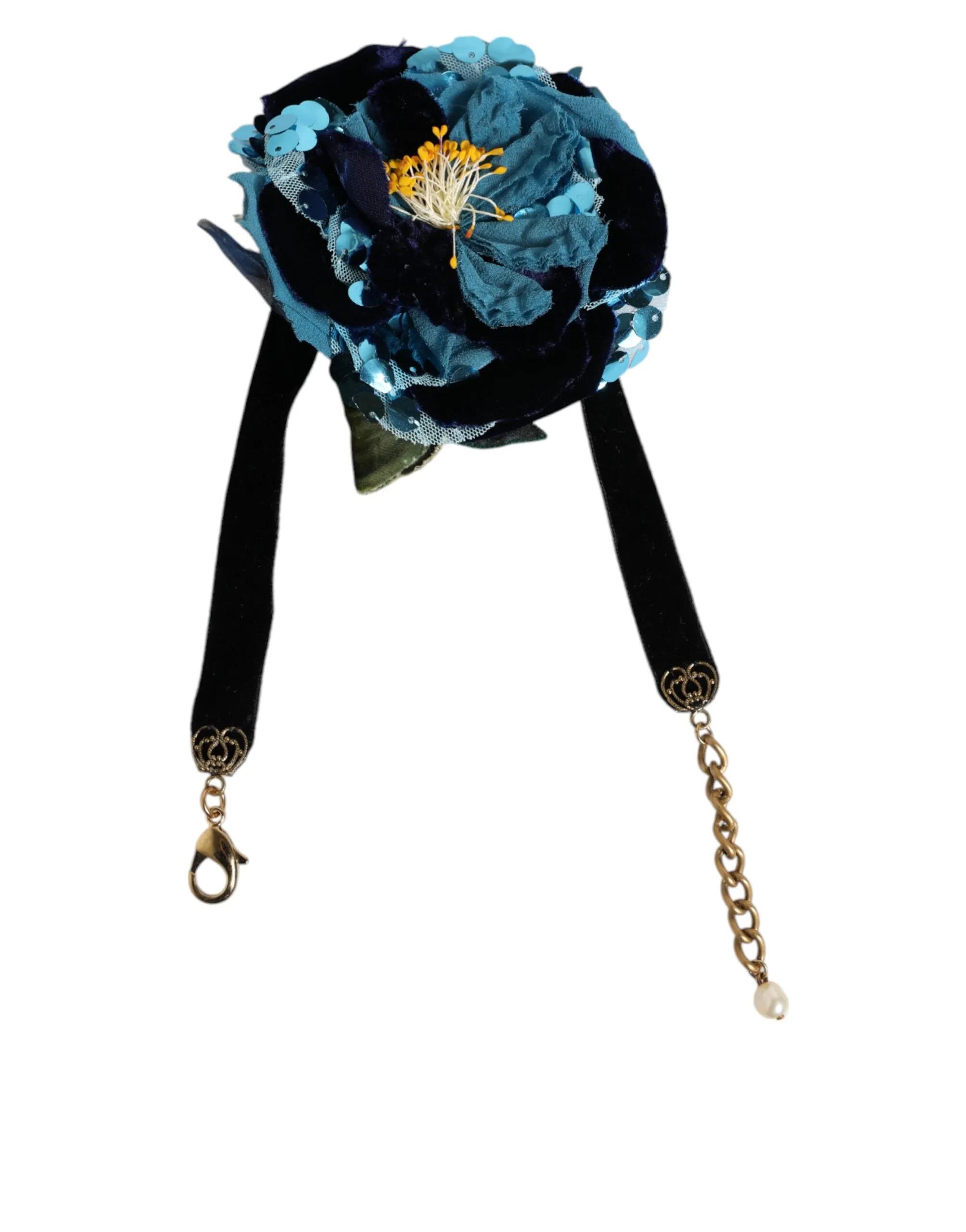 Dolce & Gabbana Blue Floral Appliqué Velvet Choker Crystal Beads Necklace sold by Siebentaschen