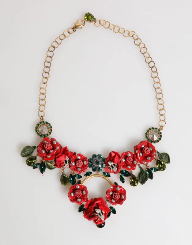 Dolce & Gabbana Red Rose Floral Crystal Embellished Statement Jewelry Necklace sold by Siebentaschen