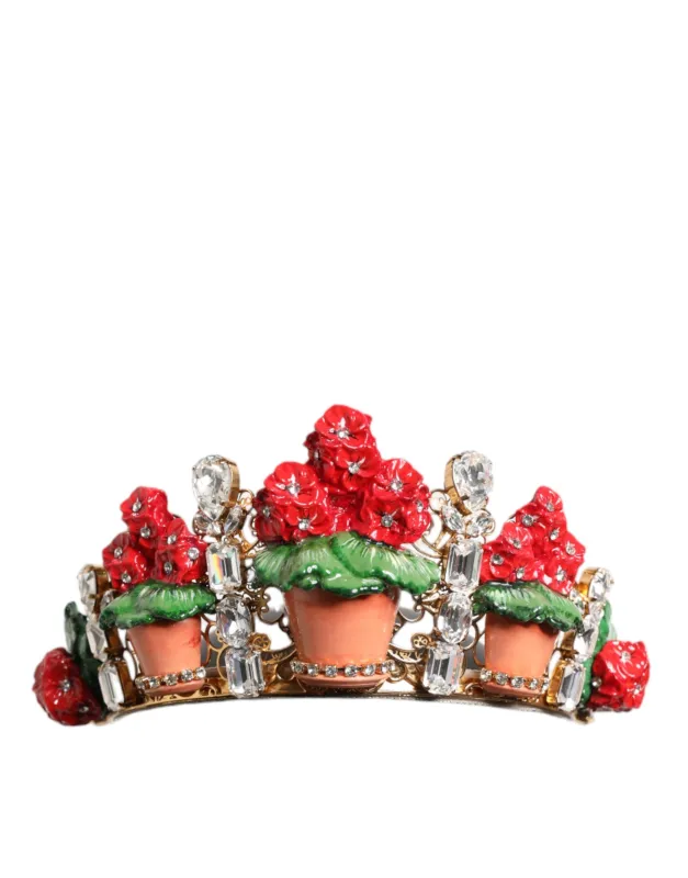 Dolce & Gabbana Red Floral Flowerpot Crystal Gold Crown Tiara Headband sold by Siebentaschen