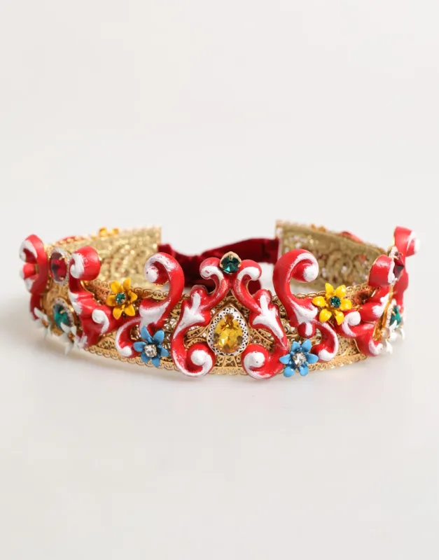 Dolce & Gabbana Red Carretto Multicolor Crystal Gold Tiara Crow Headband sold by Siebentaschen