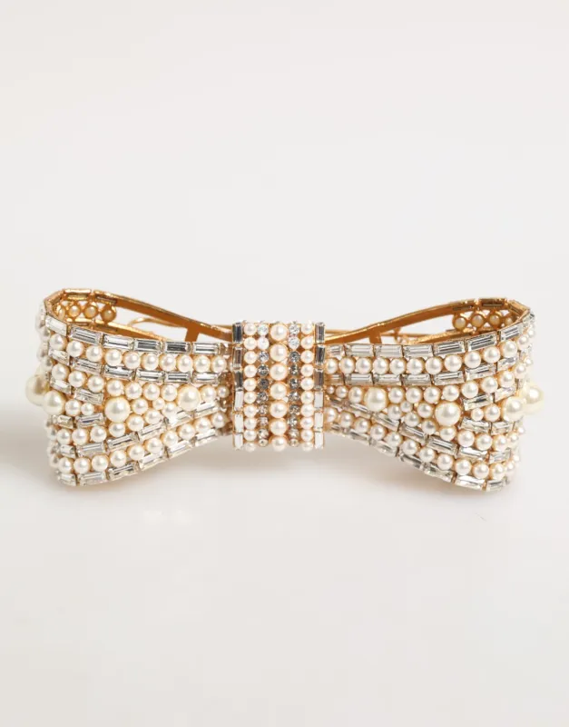 Dolce & Gabbana Gold Brass Glas Crystal Faux Pearl Embellished Brooch sold by Siebentaschen