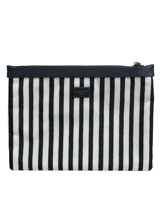Dolce & Gabbana Black White Striped Logo Plaque Clutch Borse Pouch Bag sold by Siebentaschen