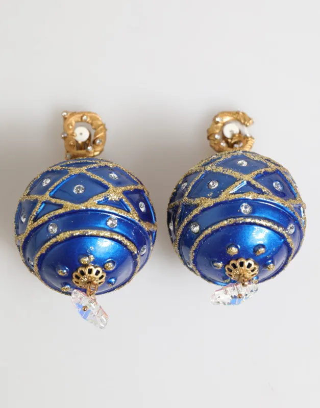 Dolce & Gabbana Gold Brass Blue Christmas Ball Crystal Drop Clip On Earrings sold by Siebentaschen