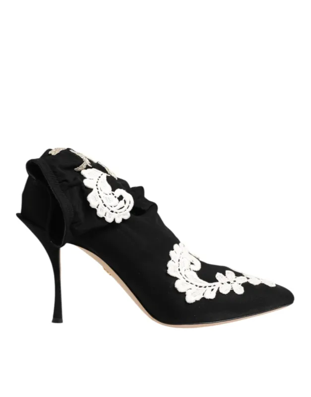 Dolce & Gabbana Black White Embroidered Jersey Stiletto Boots Shoes sold by Siebentaschen