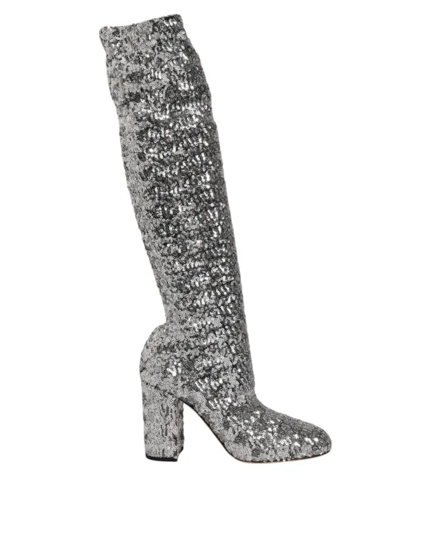 Dolce & Gabbana Shoes Silver Sequins Glitter High Heel Boot Shoes sold by Siebentaschen