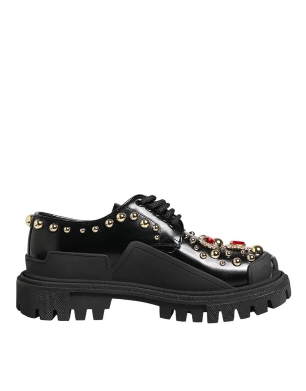 Dolce & Gabbana Black Leather Jeweled Crystals Derby Shoes sold by Siebentaschen