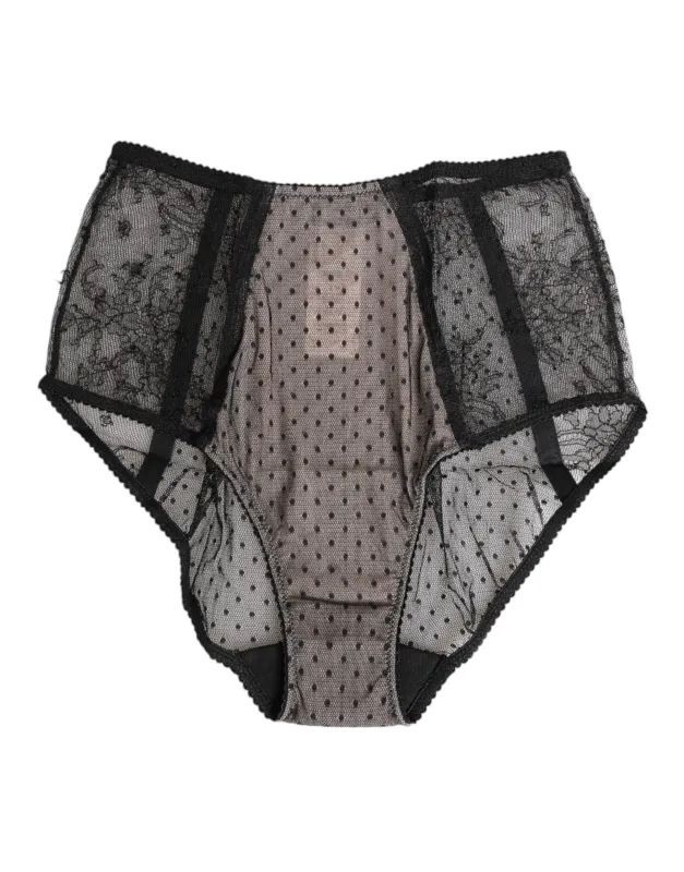 Dolce & Gabbana Black Sheer Polka Dot Lace High Waist Underwear sold by Siebentaschen