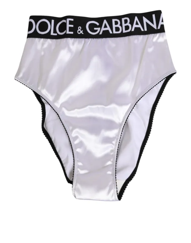 Dolce & Gabbana White Satin High-Waist Black Logo Women Underwear sold by Siebentaschen