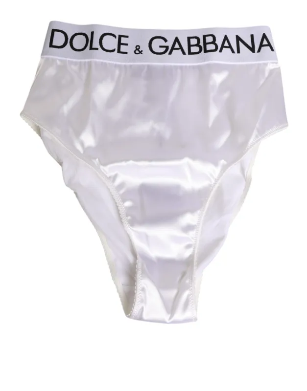 Dolce & Gabbana White Satin High-Waist Brief Logo Women Underwear sold by Siebentaschen