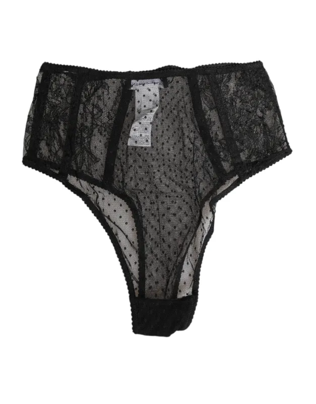 Dolce & Gabbana Black Lace Polka Dot Mesh High Waist Underwear sold by Siebentaschen
