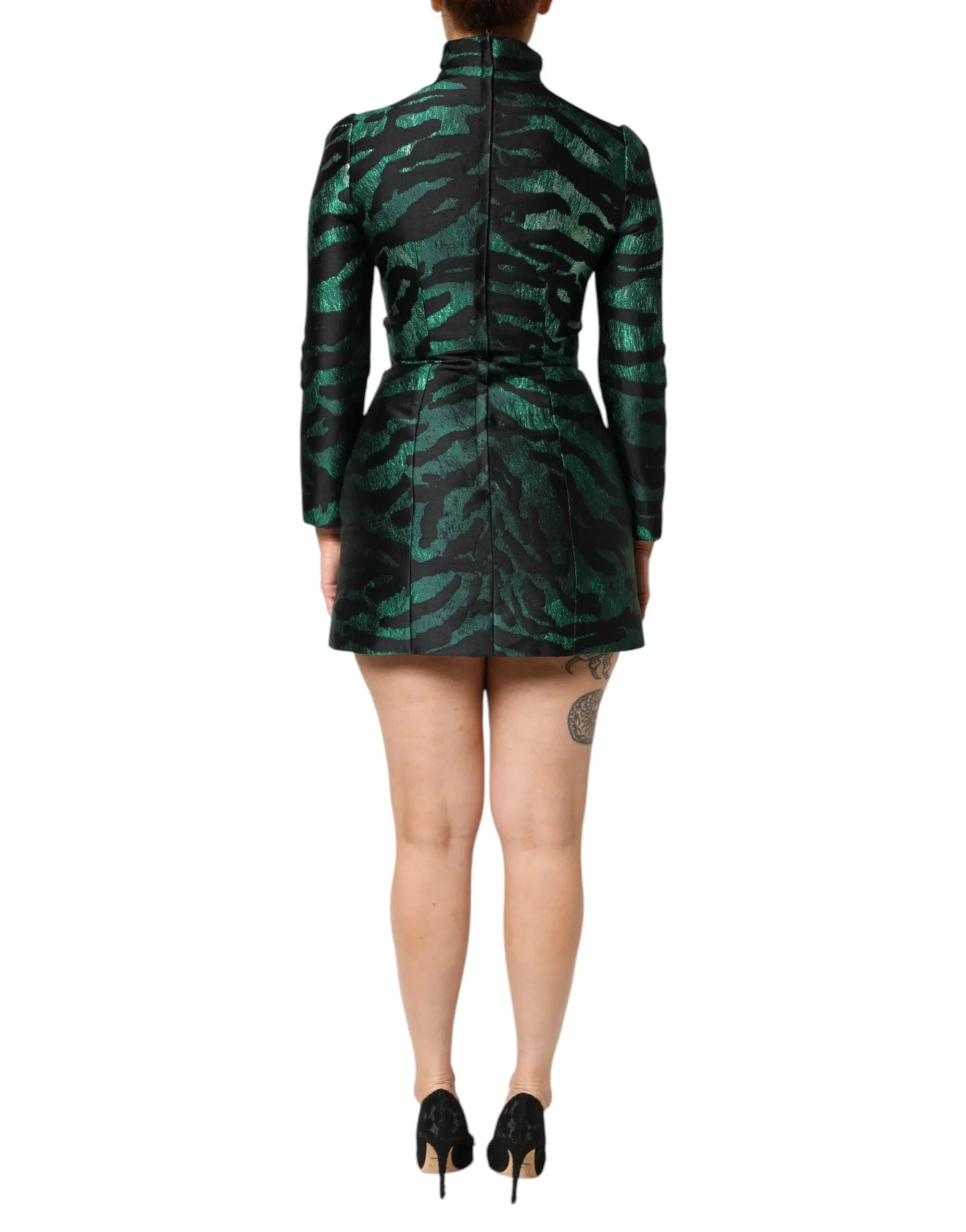 Dolce & Gabbana Black Green Metallic Jacquard Mini Long Dress sold by Siebentaschen product image thumbnail 4