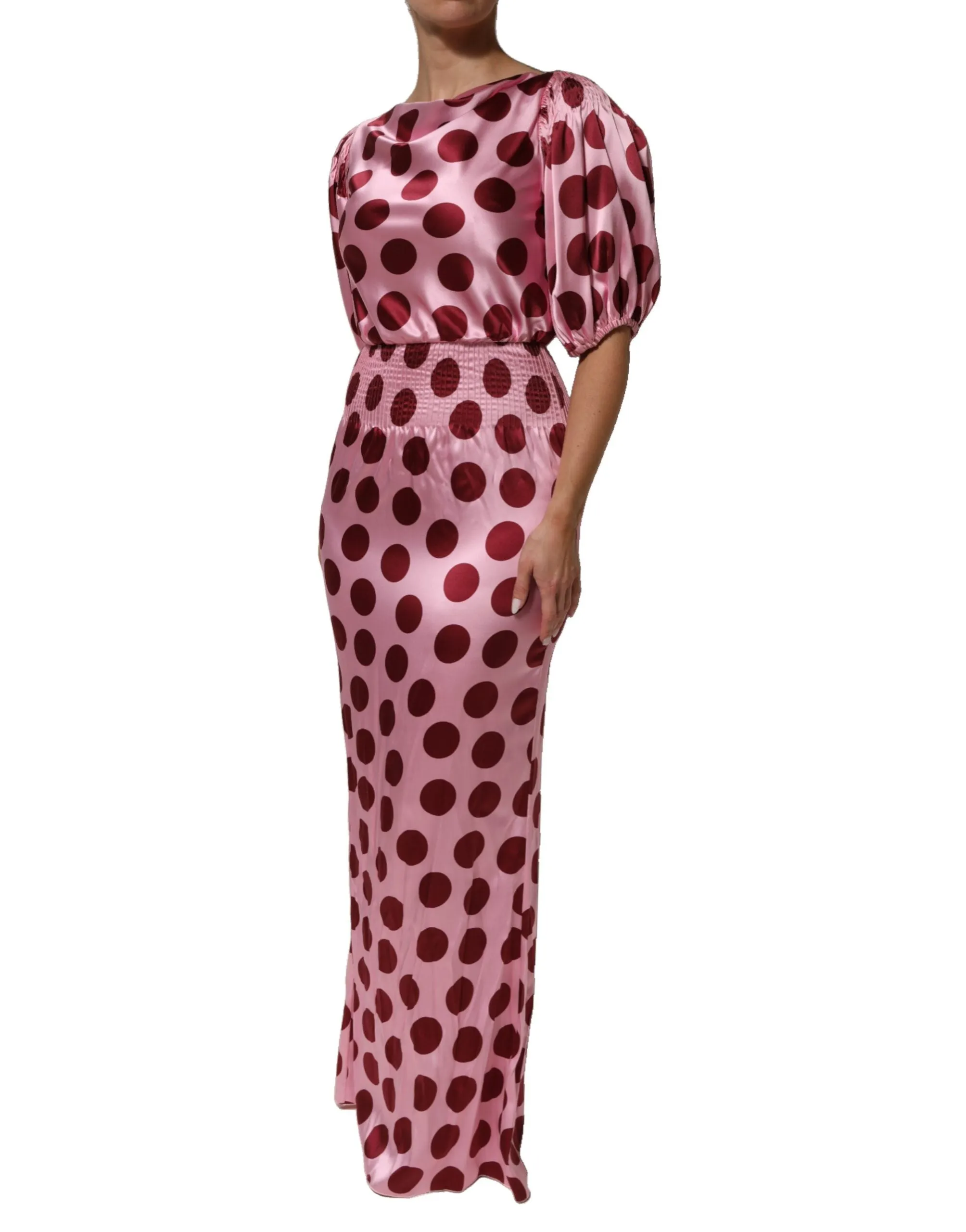 Dolce & Gabbana Pink Red Polka Dot Silk Satin Maxi Gown Dress sold by Siebentaschen product image thumbnail 3