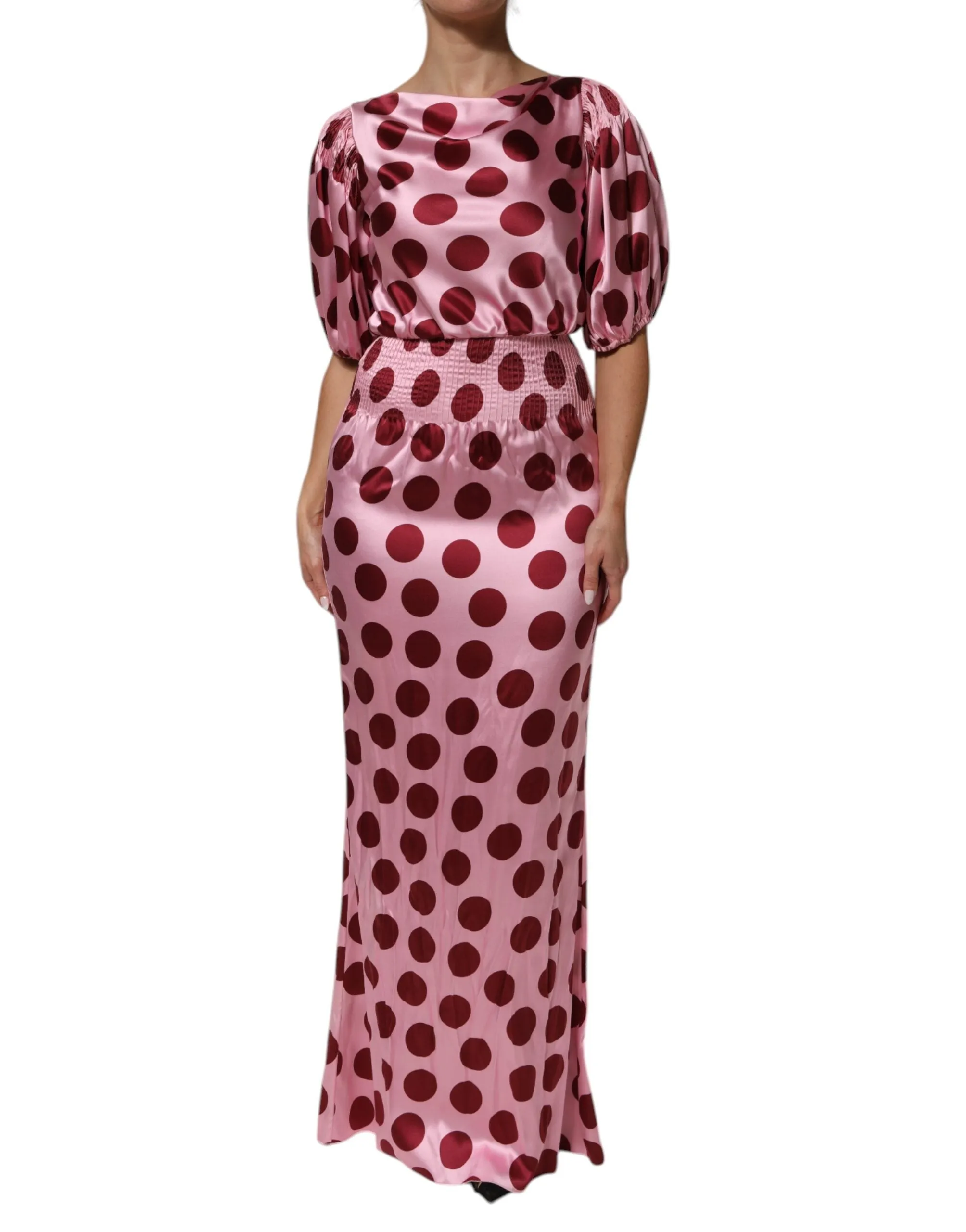 Dolce & Gabbana Pink Red Polka Dot Silk Satin Maxi Gown Dress sold by Siebentaschen
