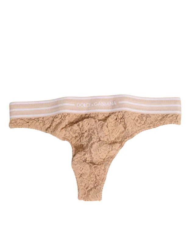 Dolce & Gabbana Beige Lace Logo Elastic Waist Thong Tanga Underwear sold by Siebentaschen