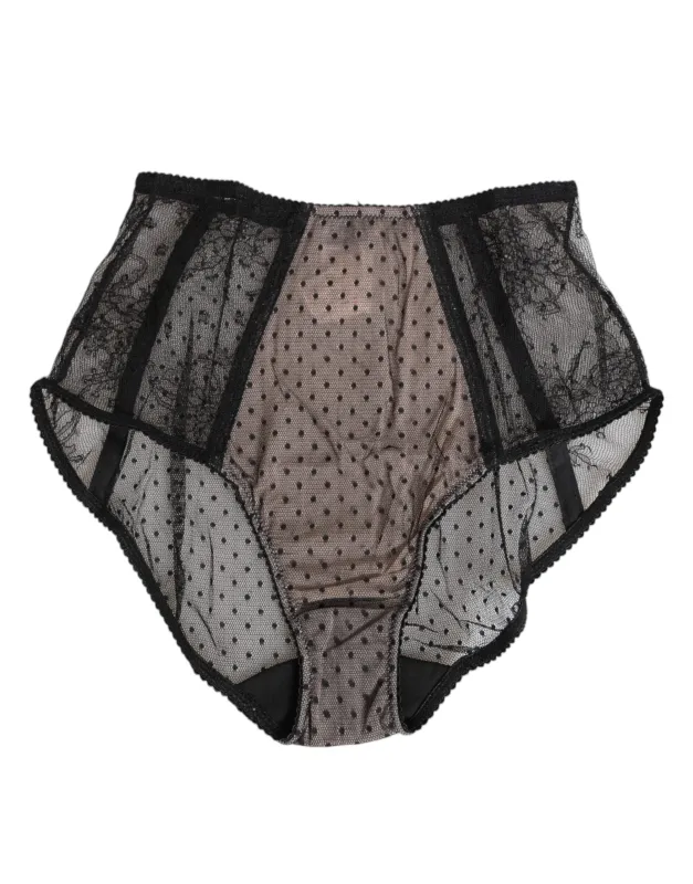 Dolce & Gabbana Black Sheer Polka Dot Lace High Waist Underwear sold by Siebentaschen