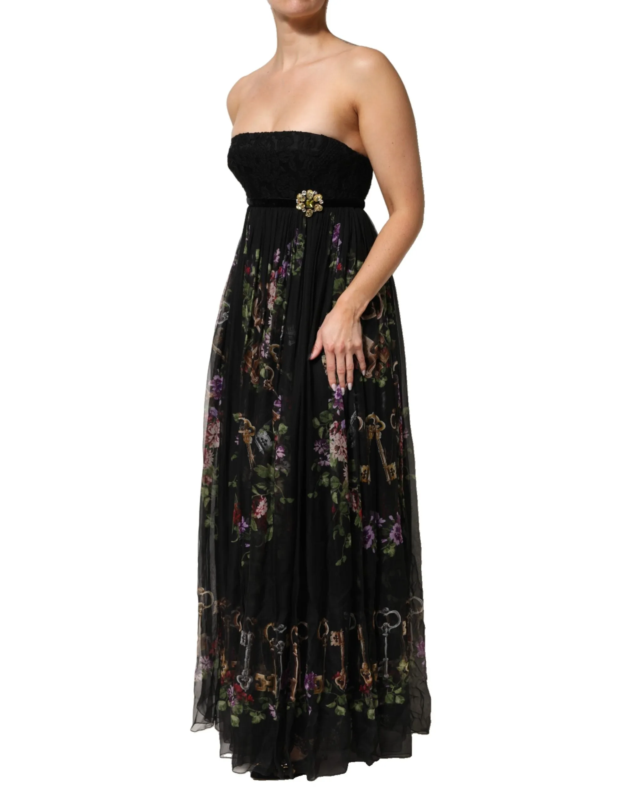 Dolce & Gabbana Black Floral Key Print Crystal Strapless Dress sold by Siebentaschen product image thumbnail 3