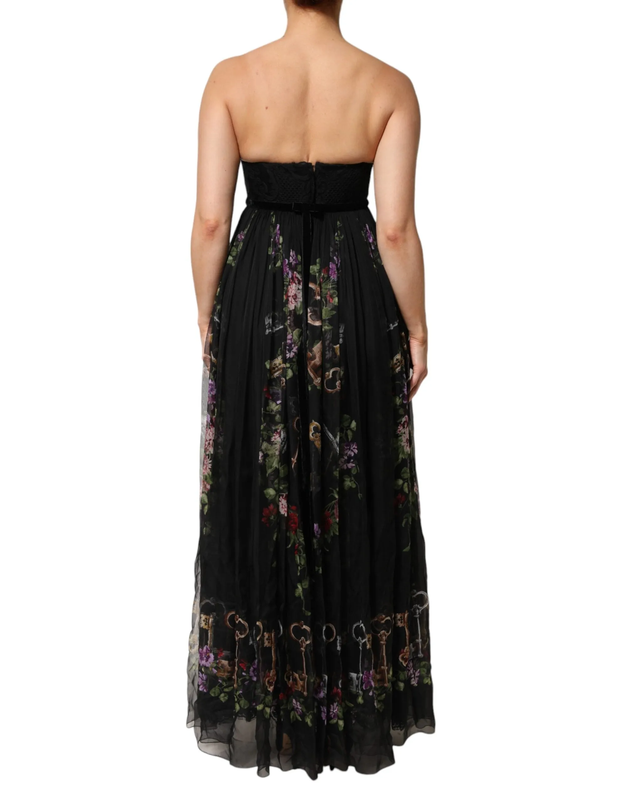 Dolce & Gabbana Black Floral Key Print Crystal Strapless Dress sold by Siebentaschen product image thumbnail 4