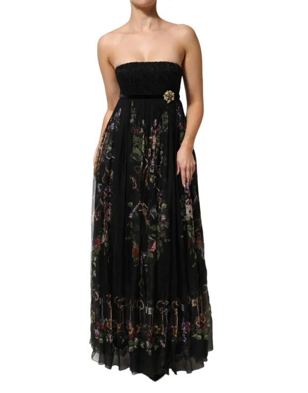 Dolce & Gabbana Black Floral Key Print Crystal Strapless Dress sold by Siebentaschen