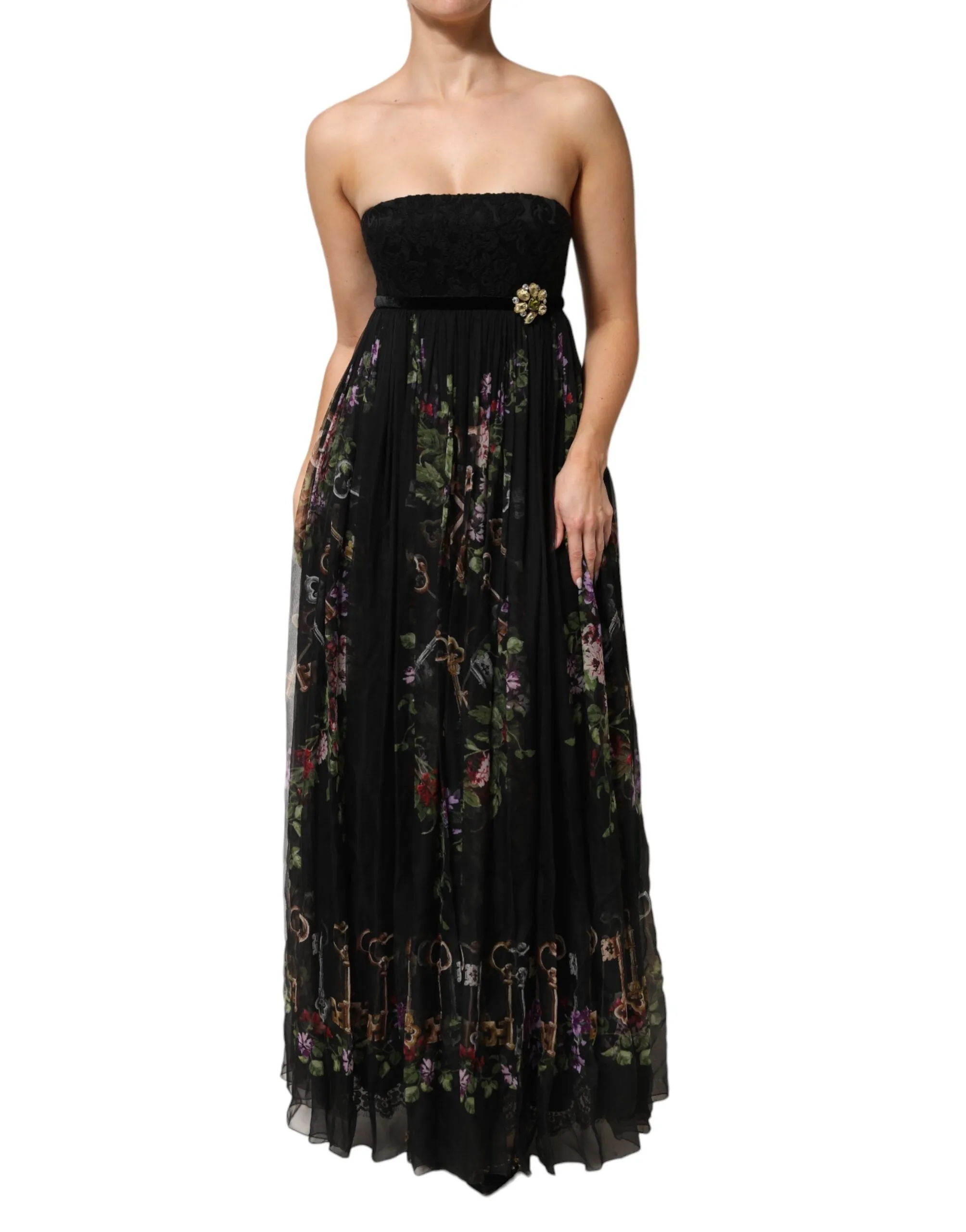 Dolce & Gabbana Black Floral Key Print Crystal Strapless Dress sold by Siebentaschen product image thumbnail 2