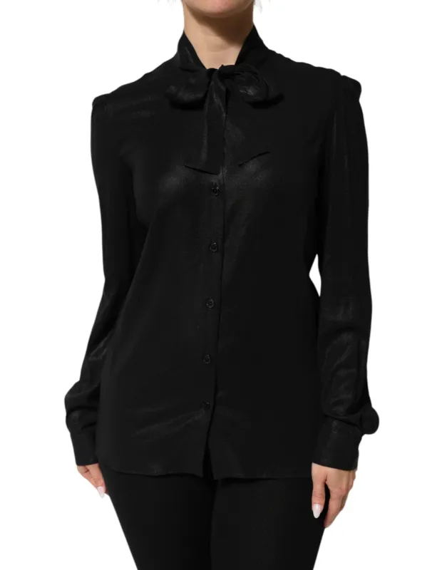 Dolce & Gabbana Black Viscose Long Sleeve Tie Neck Blouse Top sold by Siebentaschen