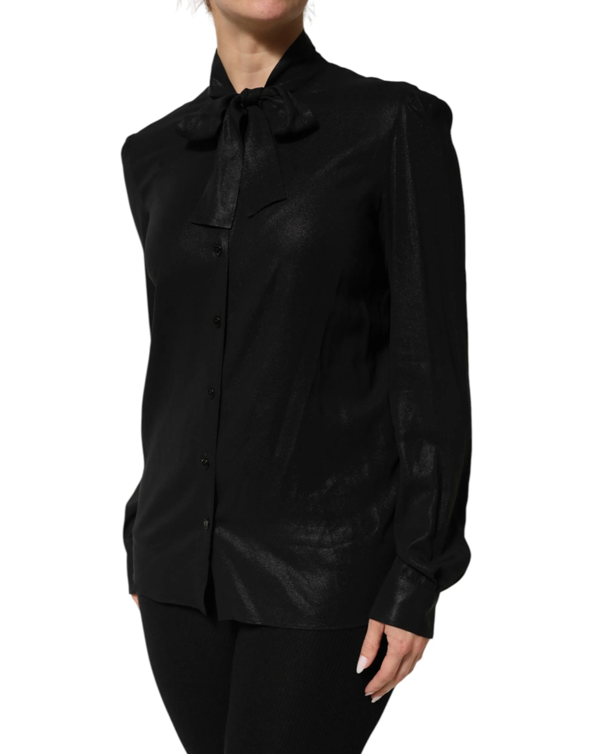Dolce & Gabbana Black Viscose Long Sleeve Tie Neck Blouse Top sold by Siebentaschen product image thumbnail 3