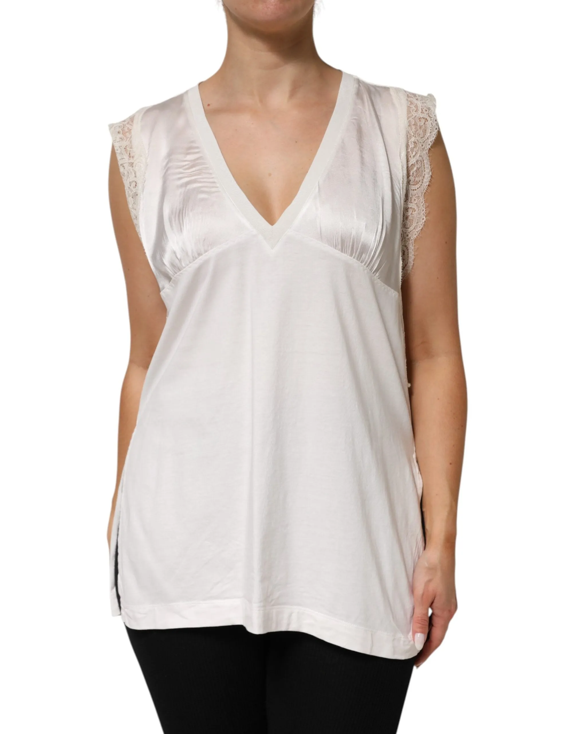 PINKO White Silk Blend Lace Trim Sleeveless V-Neck Women’s Top sold by Siebentaschen