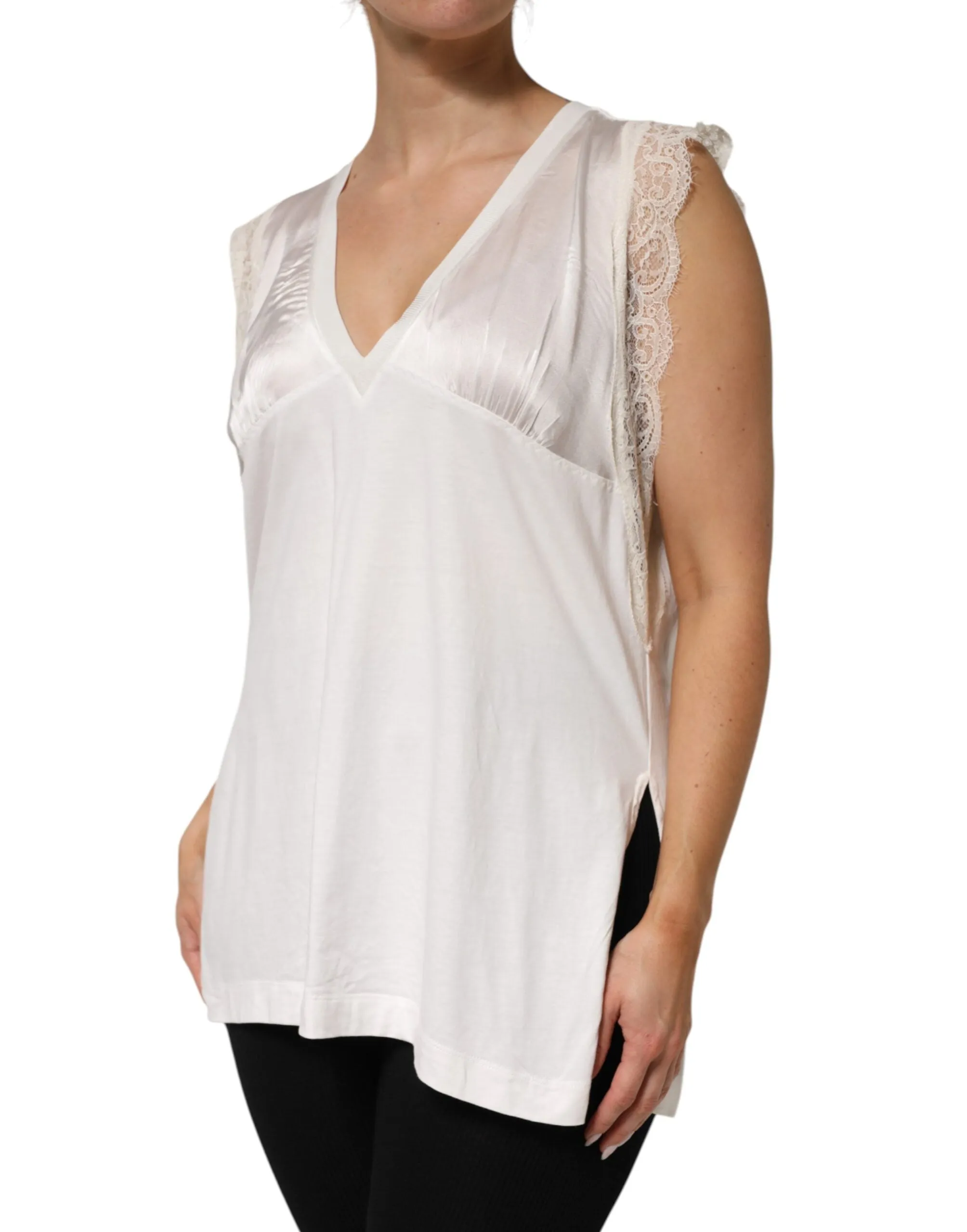 PINKO White Silk Blend Lace Trim Sleeveless V-Neck Women’s Top sold by Siebentaschen product image thumbnail 3