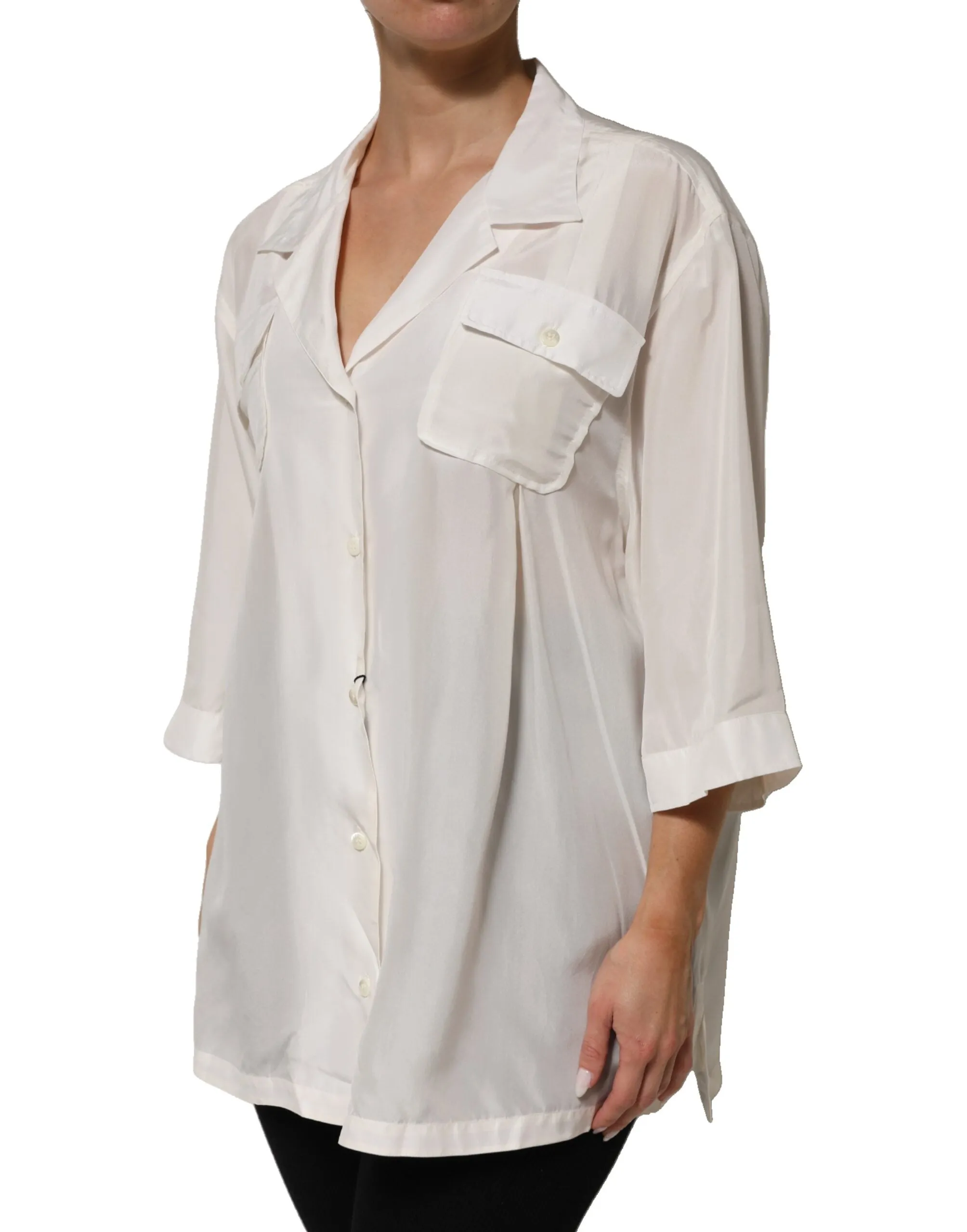 Dolce & Gabbana White Silk Collared 3/4 Sleeves Blouse Top sold by Siebentaschen product image thumbnail 3