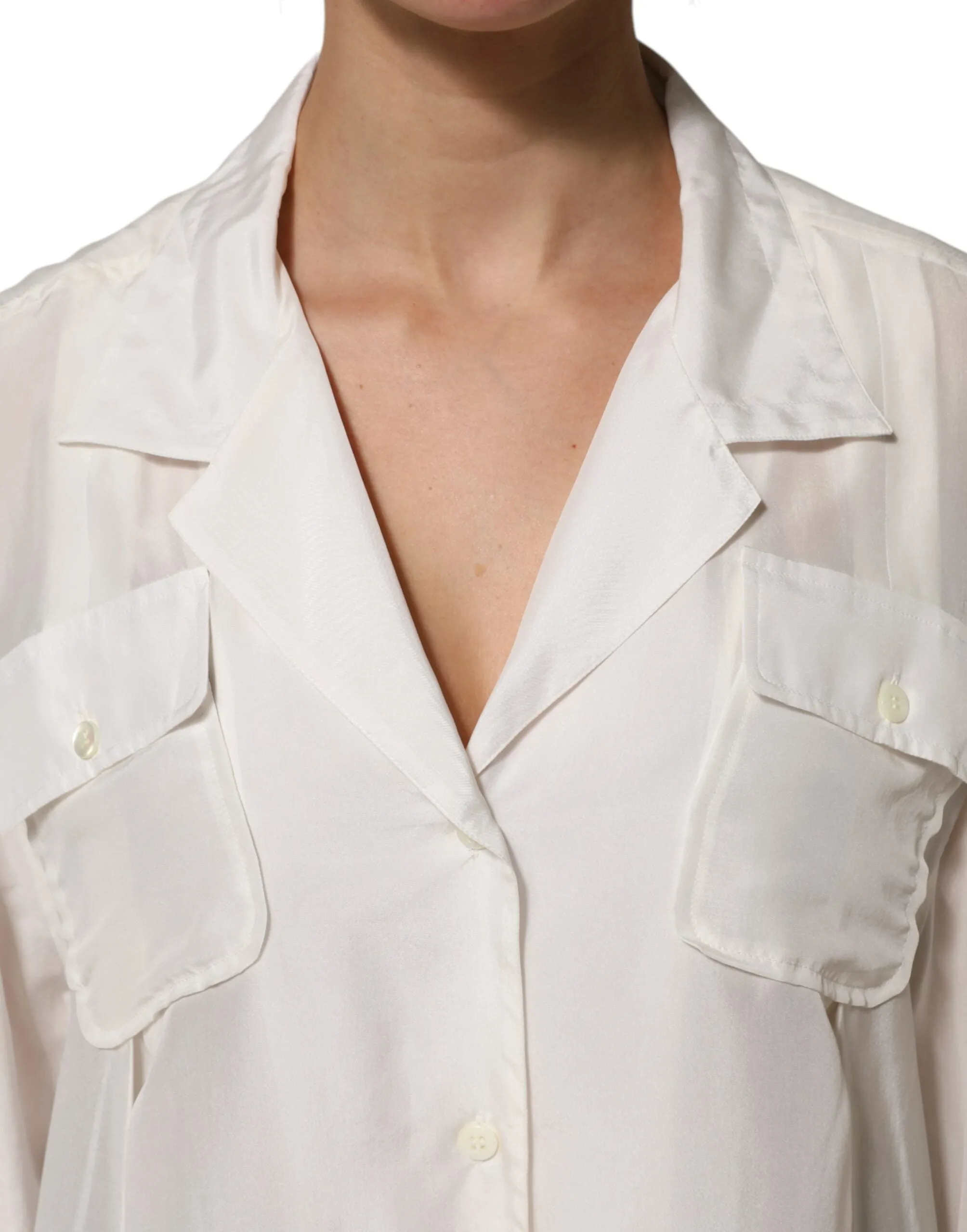 Dolce & Gabbana White Silk Collared 3/4 Sleeves Blouse Top sold by Siebentaschen product image thumbnail 5