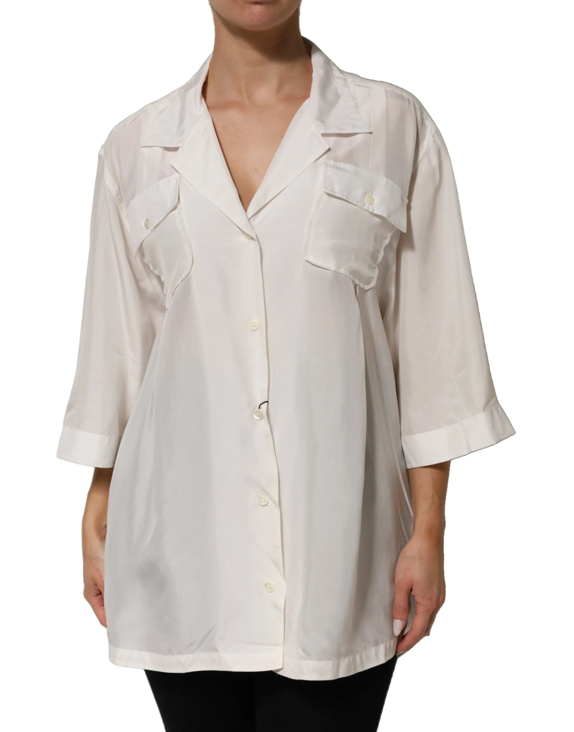 Dolce & Gabbana White Silk Collared 3/4 Sleeves Blouse Top sold by Siebentaschen product image thumbnail 2