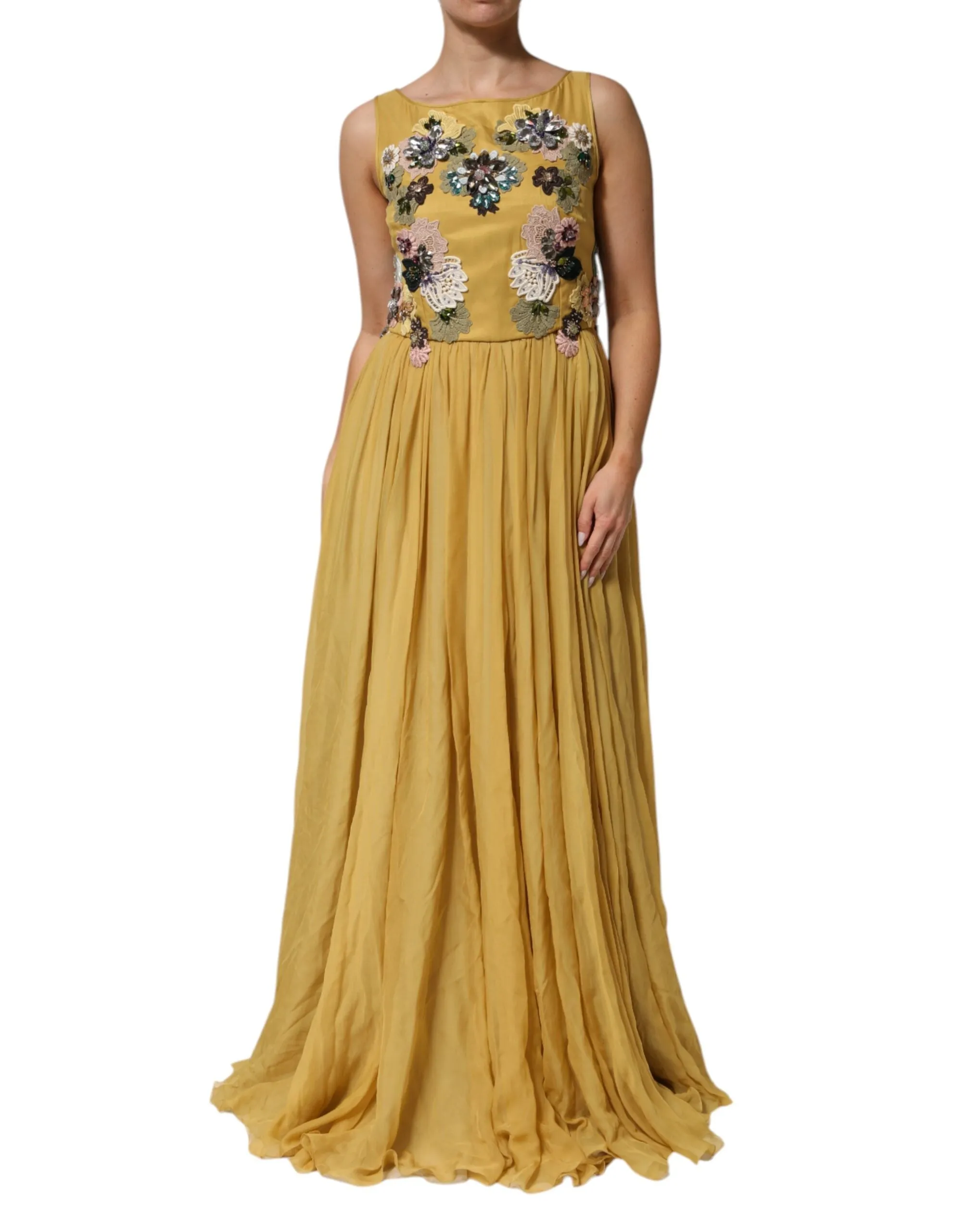 Dolce & Gabbana Yellow Silk Floral Embroidered Maxi Dress sold by Siebentaschen