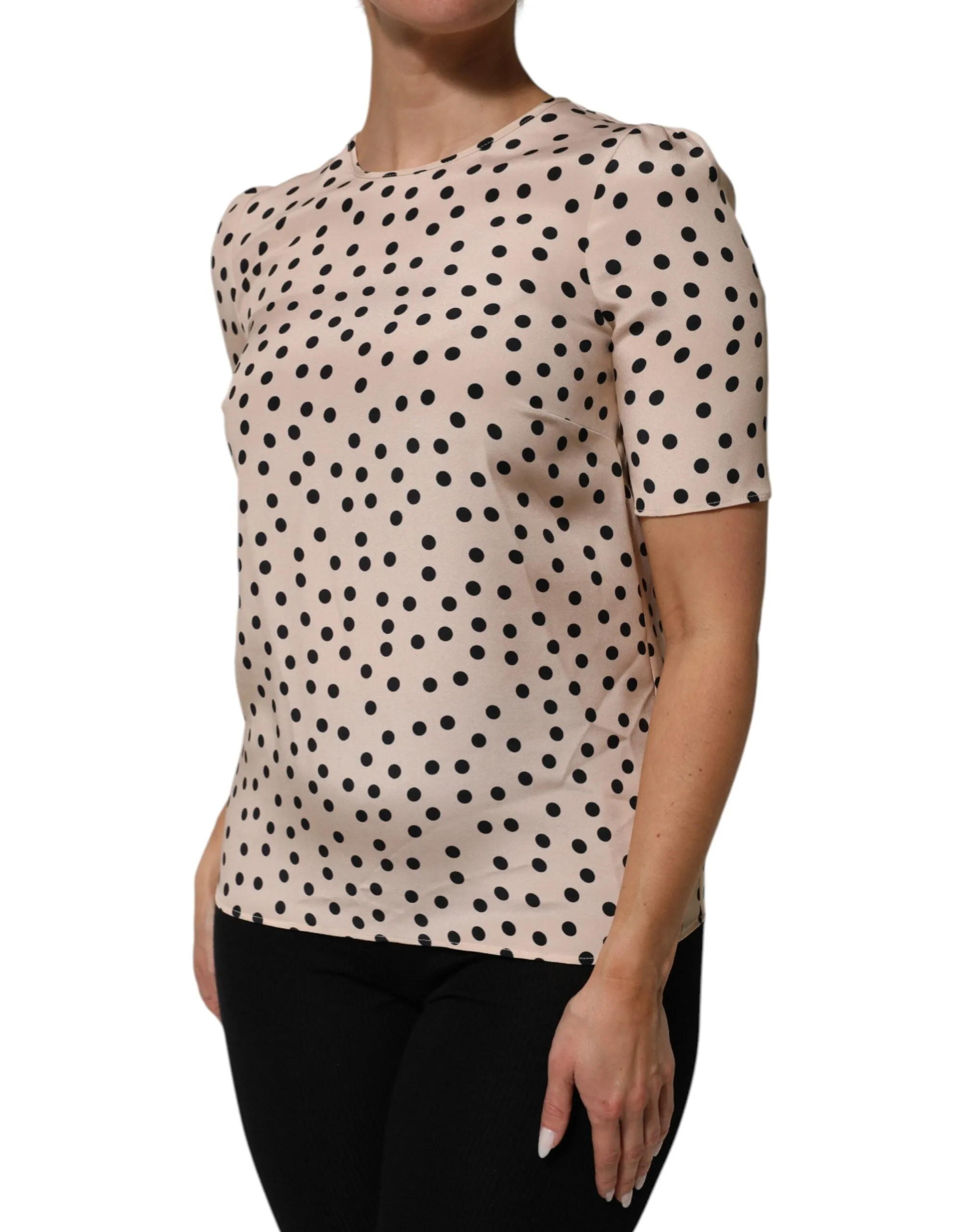 Dolce & Gabbana Beige Black Polka Dot Silk Short Sleeve Blouse Top sold by Siebentaschen product image thumbnail 3