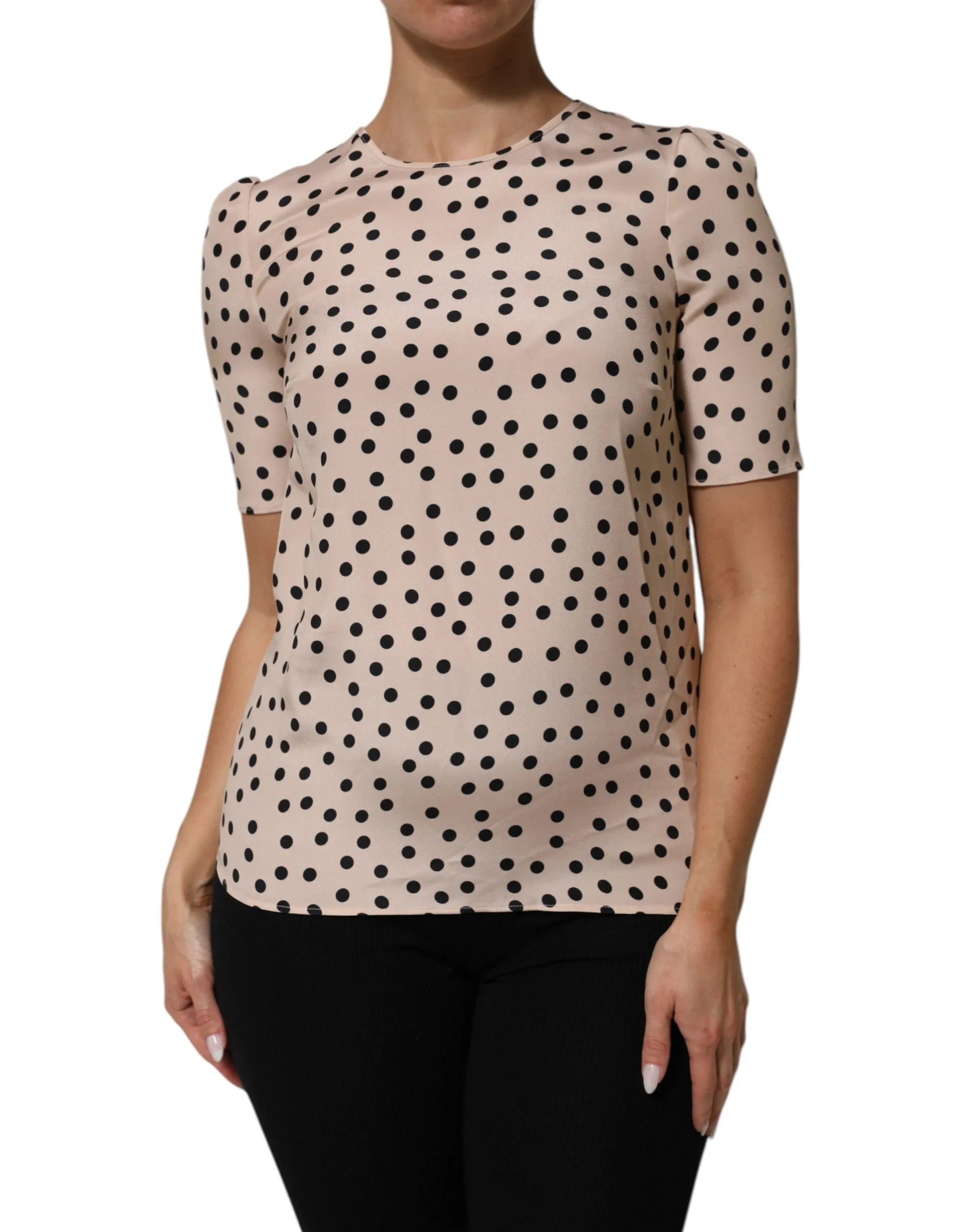 Dolce & Gabbana Beige Black Polka Dot Silk Short Sleeve Blouse Top sold by Siebentaschen product image thumbnail 2