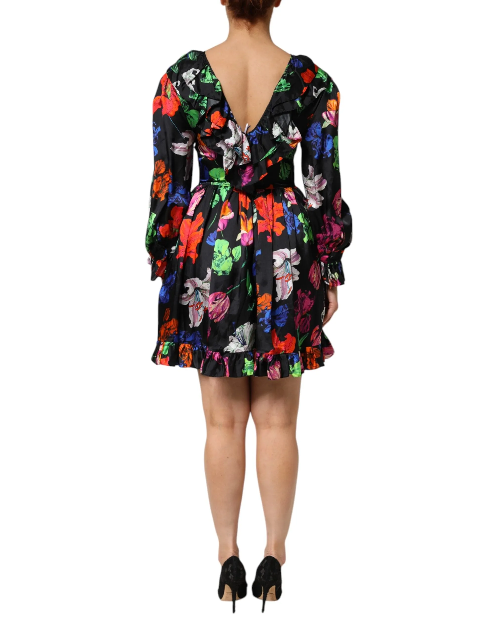 MSGM Dress Black Multicolor Floral Ruffle Long Sleeve Mini Dress sold by Siebentaschen product image thumbnail 4